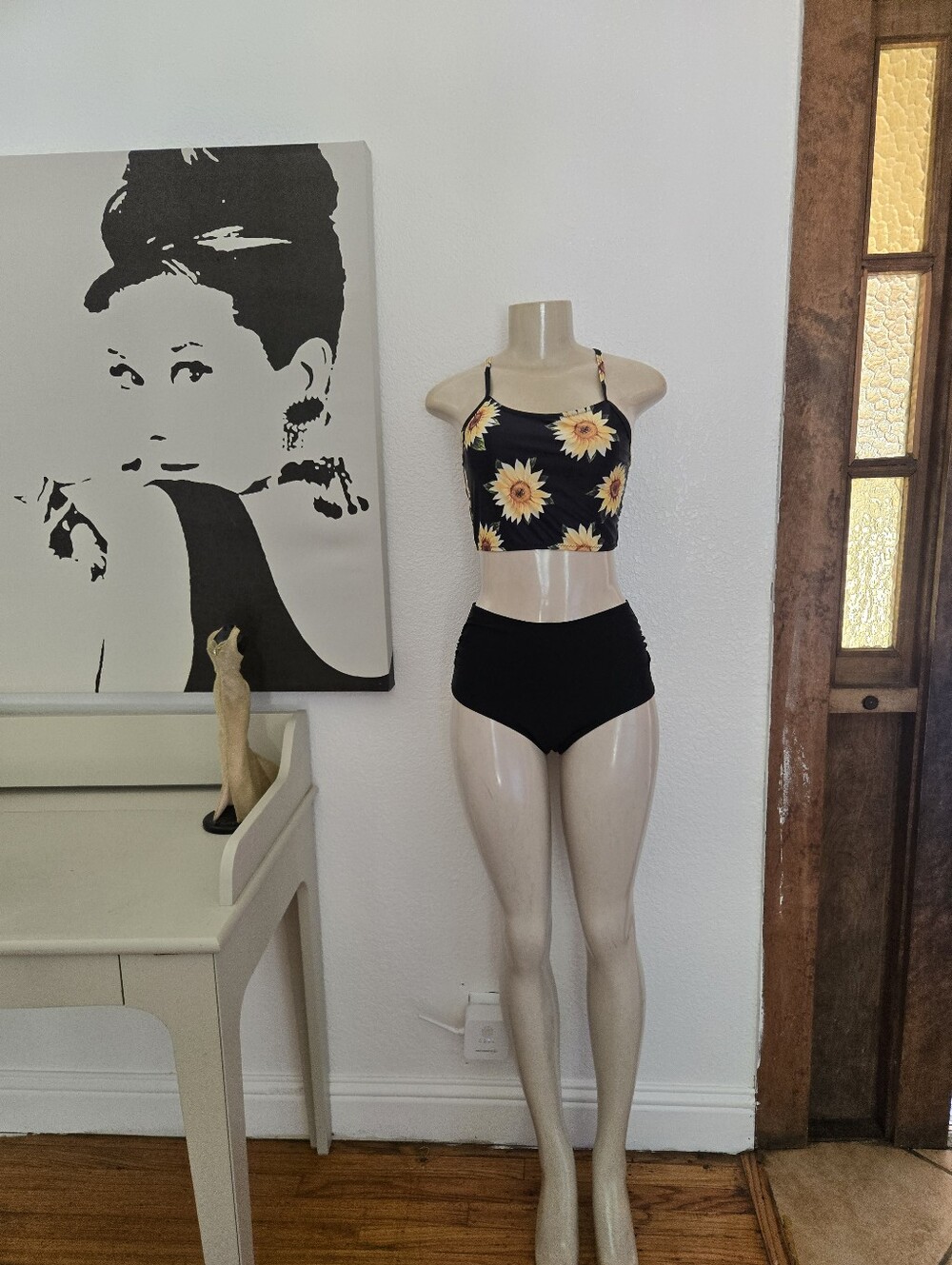 NWT Zaful Forever Young Sunflower-Print Black High-Waist Women's Swim Set Size S